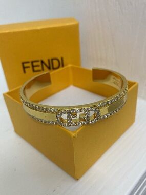 Authentic Fendi Gold Crystal-Trim Double-Band Logo Cuff